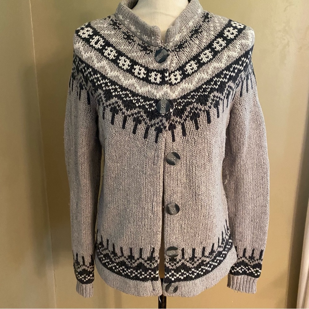 Cambridge Dry Goods Fair Isle/Nordic geometric pattern wool blend cardigan M